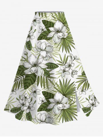 Plus Size Flowers Tropical Leaf Print Split Hawaii Skirt - GREEN - M