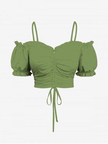 Plus Size Cinched Ruched Ruffles Cold Shoulder Cami Top - GREEN - 6X