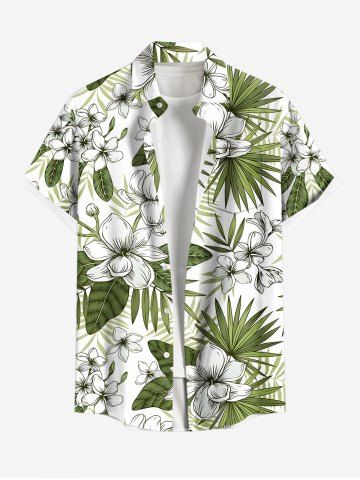 Plus Size Flowers Tropical Leaf Print Buttons Pocket Hawaii Shirt For Men - GREEN - XL