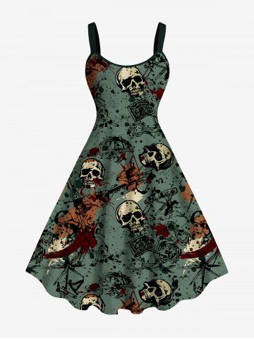 Plus Size Halloween Skulls Blood Paint Splatter Print Tank Dress - GREEN - XXS