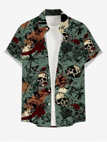 Plus Size Halloween Skulls Blood Paint Splatter Print Buttons Pocket Shirt For Men - GREEN - XL