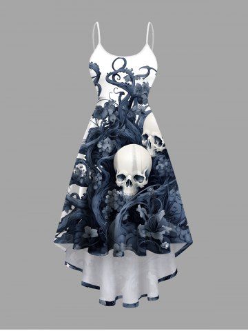 Plus Size Halloween Skull Octopus Flowers Print High Low Cami Dress - NAVY BLUE - 3X