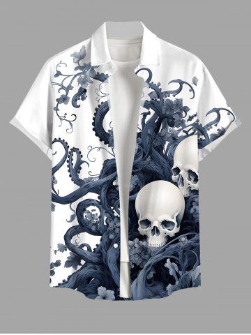Plus Size Halloween Skull Octopus Flowers Print Buttons Pocket Shirt For Men - WHITE - 6XL