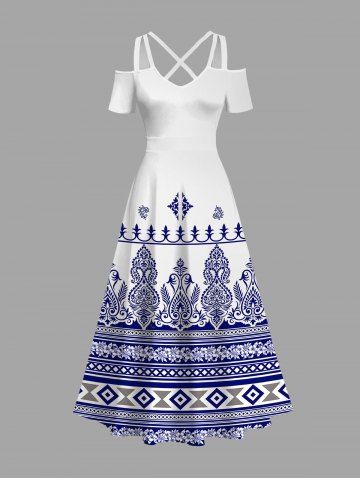 Plus Size Floral Pattern Print Cold Shoulder Crisscross Maxi Dress - WHITE - 4X