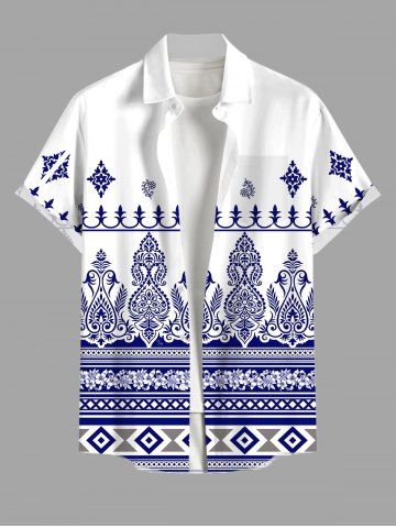 Plus Size Floral Pattern Print Buttons Pocket Shirt For Men - WHITE - 6XL