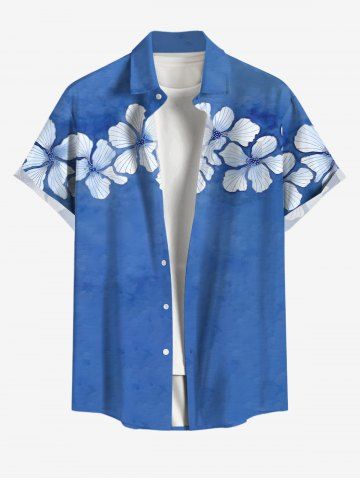 Plus Size Flowers Marled Tropical Print Buttons Pocket Hawaii Shirt For Men