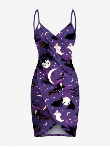 Plus Size Pumpkin Wizard Ghost Moon Star Ombre Galaxy Print Halloween Convertible Beach Cover Up - PURPLE - 4X