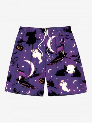 Plus Size Pumpkin Wizard Ghost Moon Star Ombre Galaxy Print Halloween Drawstring Beach Shorts For Men - PURPLE - L