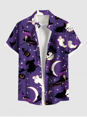 Plus Size Pumpkin Wizard Ghost Moon Star Ombre Galaxy Print Halloween Button Pocket Shirt For Men - PURPLE - L