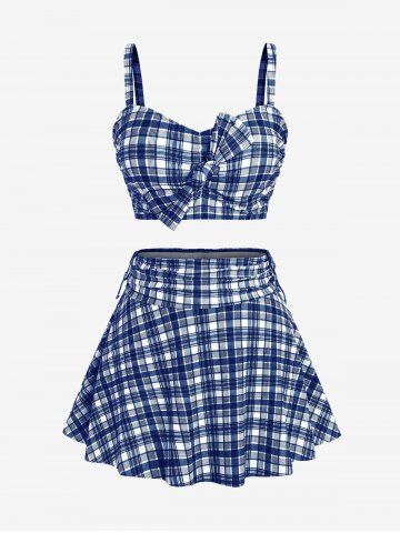 Plus Size Plaid Cinched Bowknot Padded Longline Bikini Three Piece Swimsuit - DEEP BLUE - 5X | US 30-32