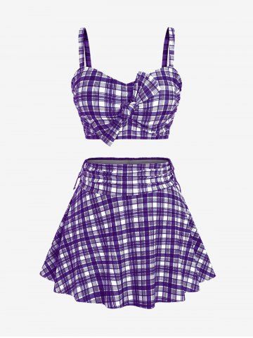 Plus Size Plaid Cinched Bowknot Padded Longline Bikini Three Piece Swimsuit - CONCORD - 2X | US 18-20