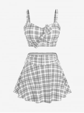Plus Size Plaid Cinched Bowknot Padded Longline Bikini Three Piece Swimsuit - GRAY - L | US 12