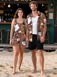 Matching Halloween Shirt and Romper Plus Size Outfit Pumpkin Ghost Skull Flowers Mushroom Print For Couples -  