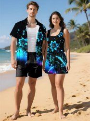 Ensemble chemise et barboteuse hawaïennes assorties, grande taille, tenue de plage à imprimé floral et feuilles ombré pour couples - Noir 