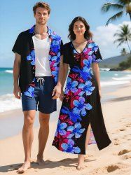 Hibiscus Flowers Paint Splatter Print Plus Size Matching Hawaii Beach Outfit For Couples -  