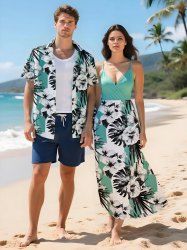Flowers Tropical Leaf Print Plus Size Matching Hawaii Beach Outfit For Couples -  