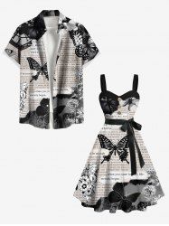 Butterfly Plant Newspaper Print Plus Size Matching Outfit For Couples -  