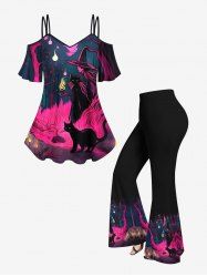 Ensemble assorti grande taille avec t-shirt à épaules dénudées et pantalon évasé imprimé arbre à chat et flammes pour Halloween - Noir 