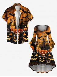 Halloween Pumpkin Lantern Candle Bat Tree Print Plus Size Matching Outfit For Couples -  