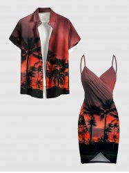 Tenue de plage hawaïenne assortie grande taille à imprimé cocotier et coucher de soleil pour couples - Rouge 