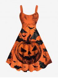 Plus Size Halloween Pumpkin Bat Print Tank Dress -  