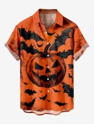 Plus Size Halloween Pumpkin Bat Print Buttons Pocket Shirt For Men -  