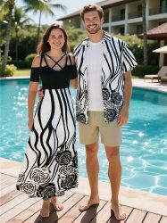 Rose Flower Zebra Striped Print Plus Size Matching Hawaii Beach Outfit For Couples -  
