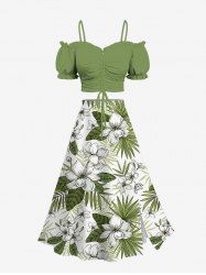 Flowers Tropical Leaf Print Hawaii Plus Size Matching Set -  