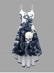 Robe caraco grande taille à imprimé tête de mort, poulpe et fleurs pour Halloween - Bleu Marine 1X