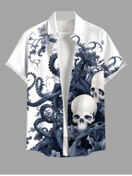 Plus Size Halloween Skull Octopus Flowers Print Buttons Pocket Shirt For Men -  