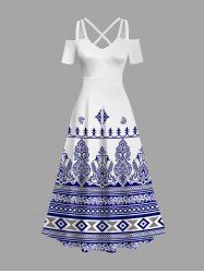 Plus Size Floral Pattern Print Cold Shoulder Crisscross Maxi Dress -  