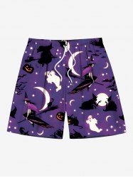Short de plage grande taille avec cordon de serrage pour homme, imprimé citrouille, fantôme, lune, étoile, galaxie, Halloween - Pourpre  XL