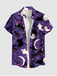 Chemise grande taille à imprimé citrouille, sorcier, fantôme, lune, étoile, galaxie, ombré, Halloween, boutonnée, avec poche, pour homme - Pourpre  3XL