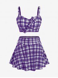 Plus Size Plaid Cinched Bowknot Padded Longline Bikini Three Piece Swimsuit -  