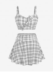 Maillot de bain trois pièces bikini long rembourré à carreaux grande taille avec nœud papillon - Gris 3X | US 22-24