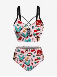 Bird Cherry Bowknot Rose Flower Heart Print Lace Up Tankini Swimsuit (Adjustable Shoulder Strap) - Rose clair 3X