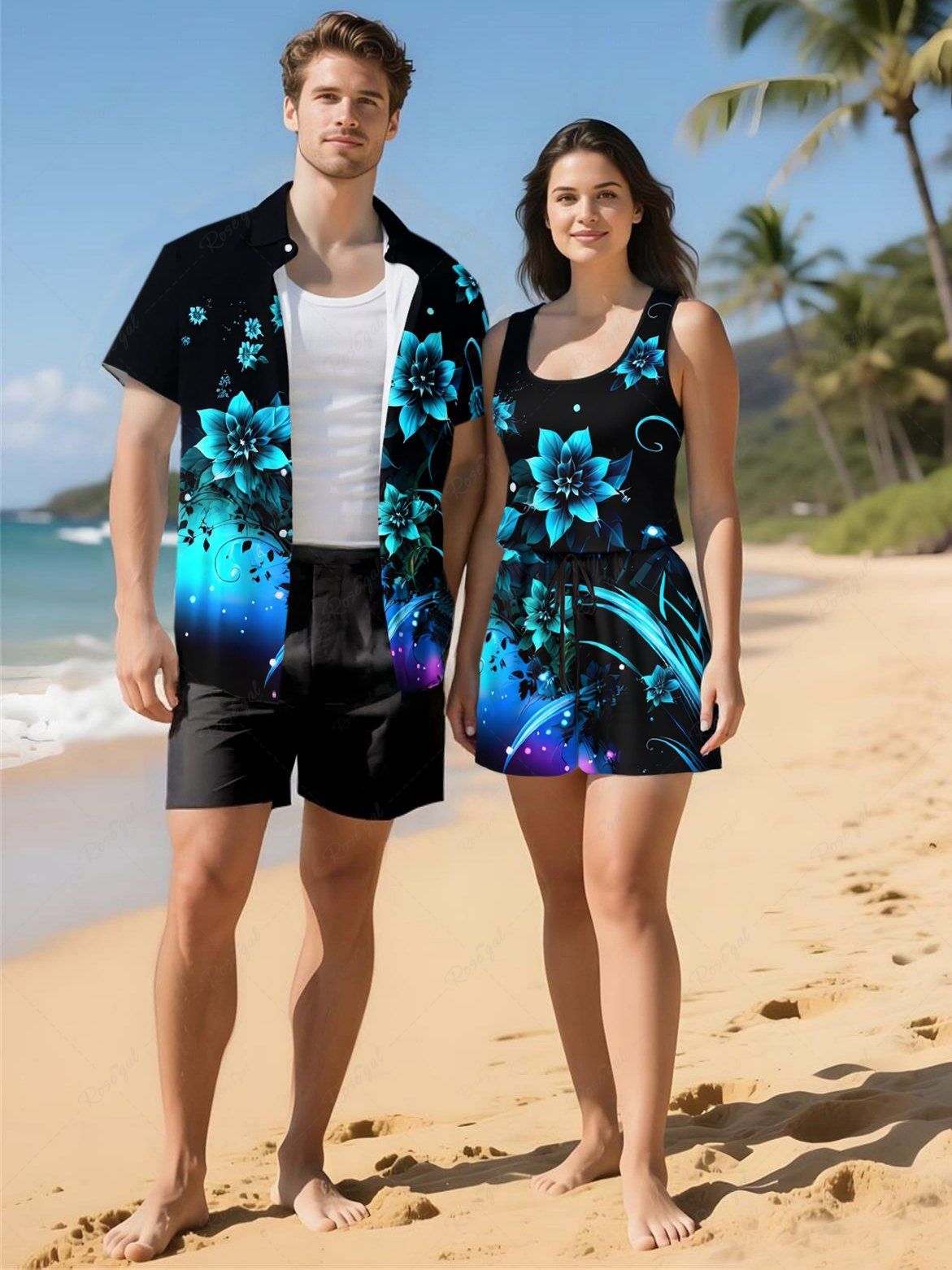 Ensemble chemise et barboteuse hawaïennes assorties, grande taille, tenue de plage à imprimé floral et feuilles ombré pour couples Noir 