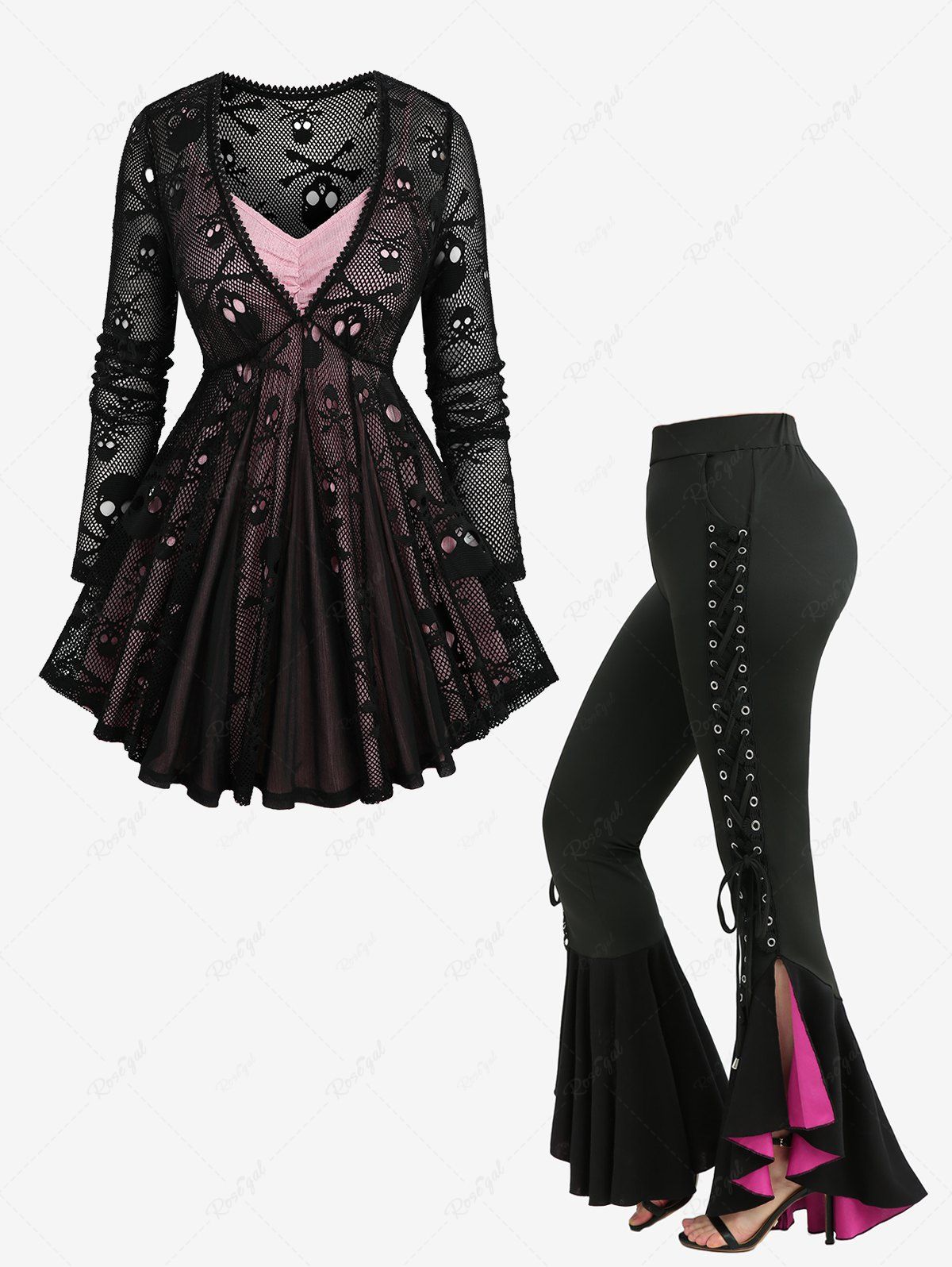 Online Ruched Marled Cami Top And Skulls Mesh Lace Trim Top and Lace-up Lettuce Flare Pants Plus Size Outfit  