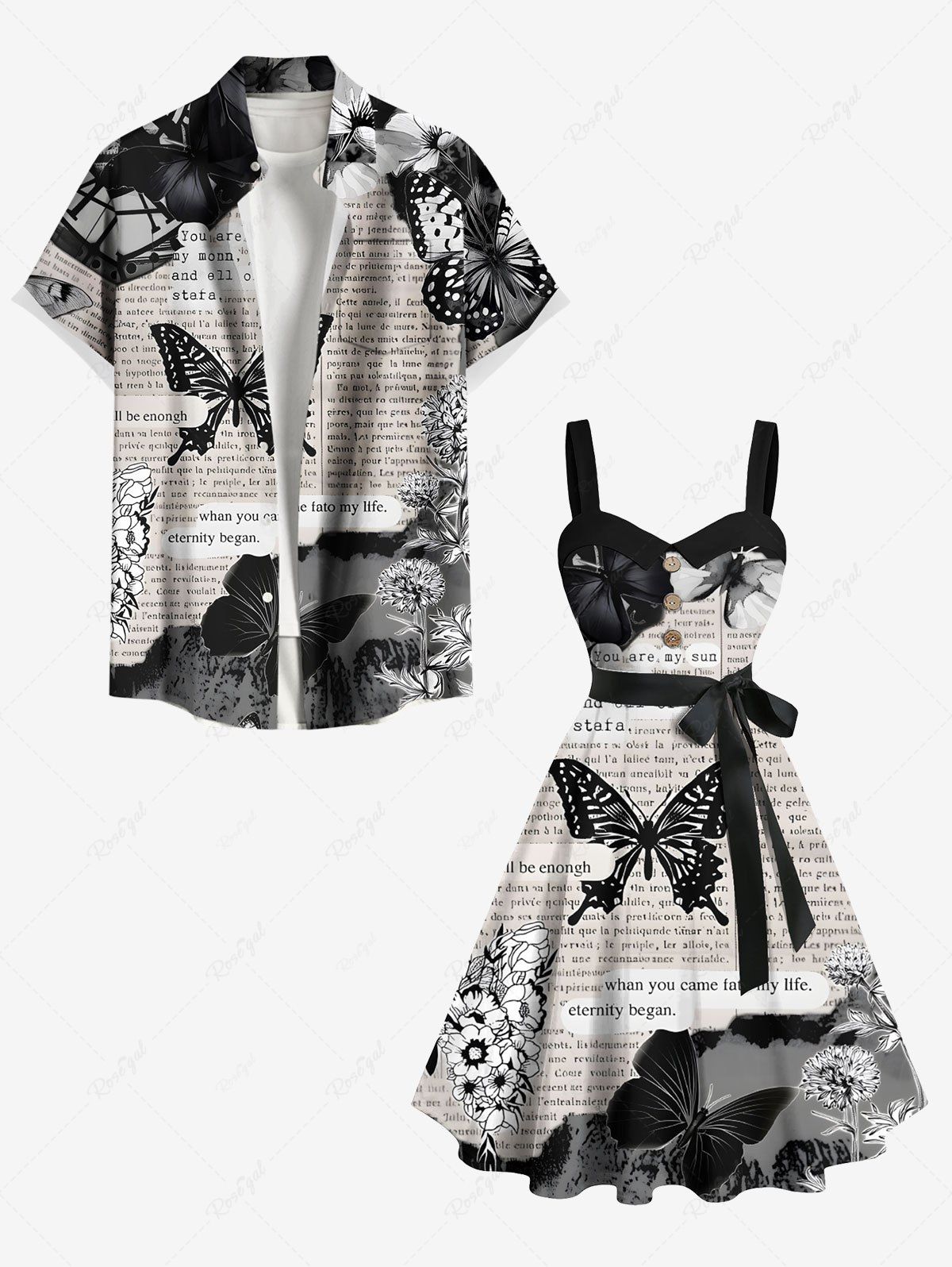 Affordable Butterfly Plant Newspaper Print Plus Size Matching Outfit For Couples  