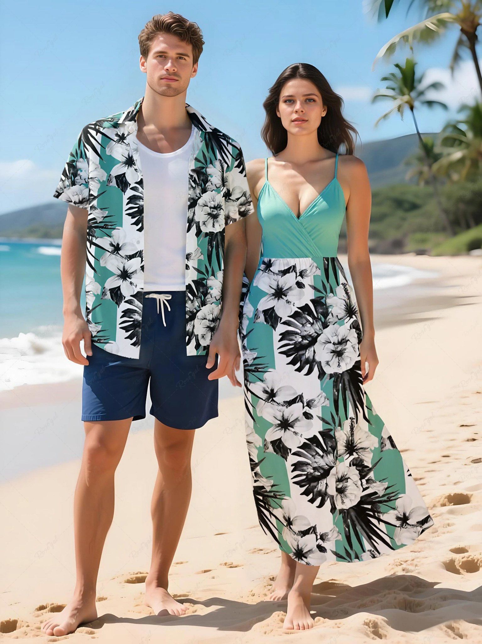 Affordable Flowers Tropical Leaf Print Plus Size Matching Hawaii Beach Outfit For Couples  