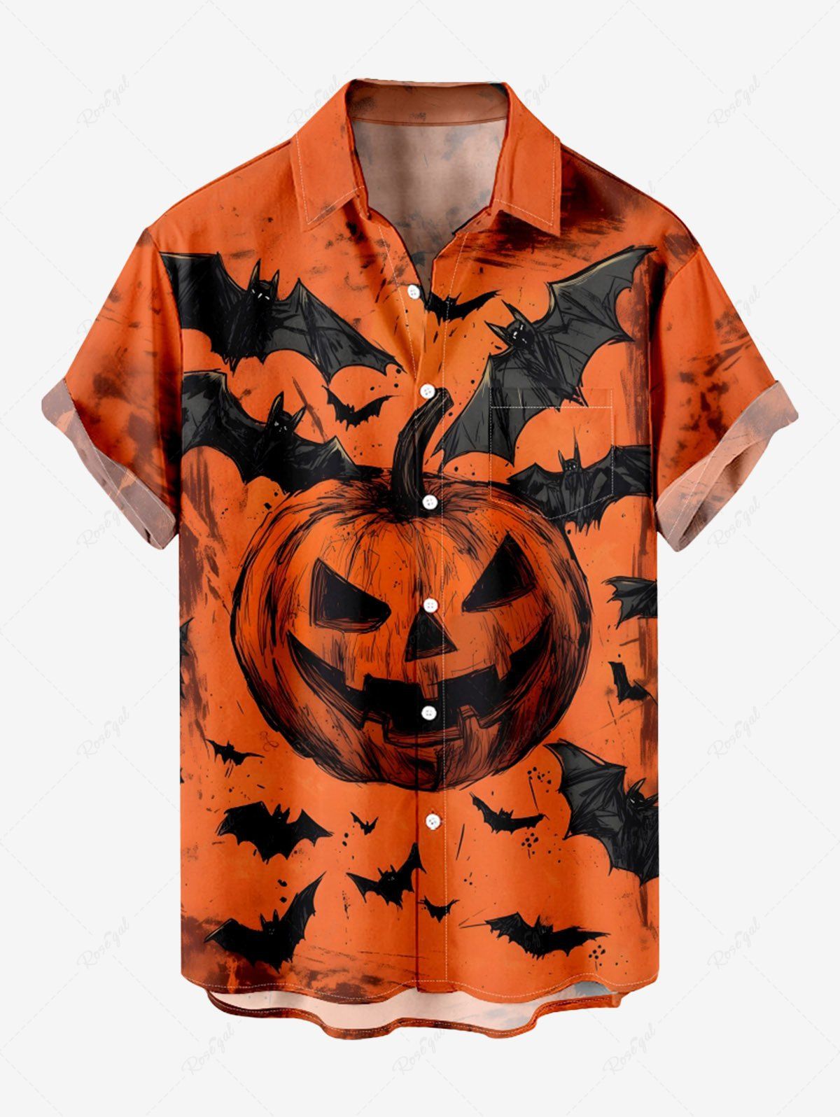 Chemise grande taille à boutons et poches pour homme, imprimé citrouille et chauve-souris d'Halloween Orange L
