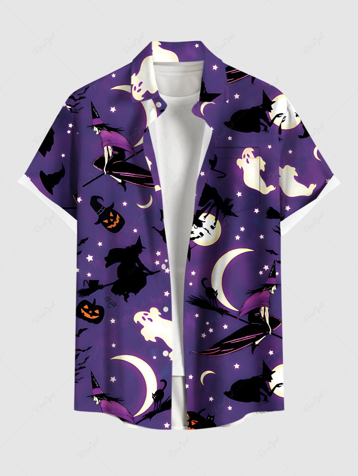 Chemise grande taille à imprimé citrouille, sorcier, fantôme, lune, étoile, galaxie, ombré, Halloween, boutonnée, avec poche, pour homme Pourpre  3XL