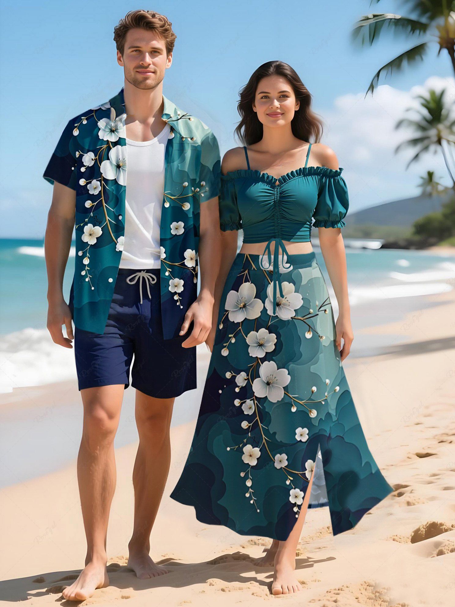 Unique Ombre Watercolor Flower Branch Print Plus Size Matching Hawaii Beach Outfit For Couples  