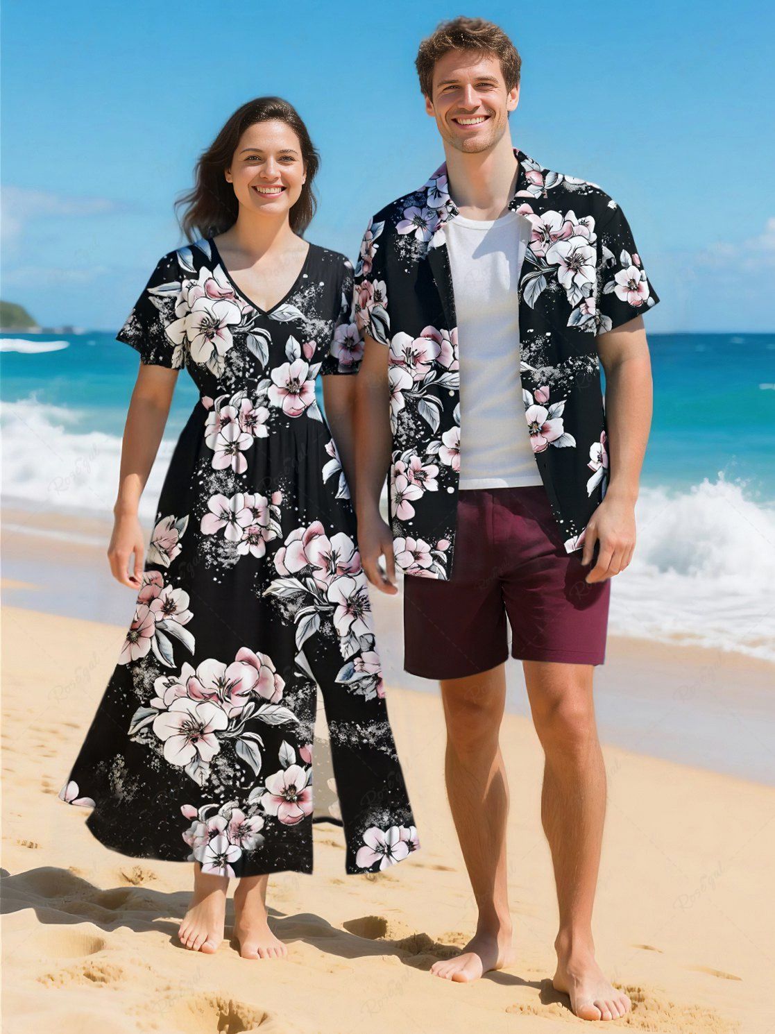 Chic Flower Leaf Print Plus Size Matching Hawaii Beach Outfit For Couples  