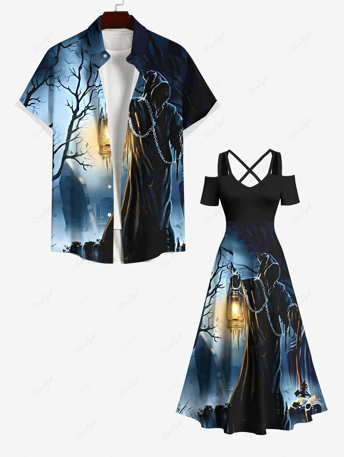 Hot Halloween Costume Tree Wizard Tomb Lantern Print Plus Size Matching Outfit For Couples  