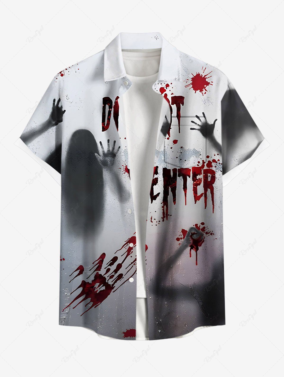 Affordable Plus Size Halloween Ghost Hair Hands Blood Splatter Print Buttons Pocket Shirt For Men  