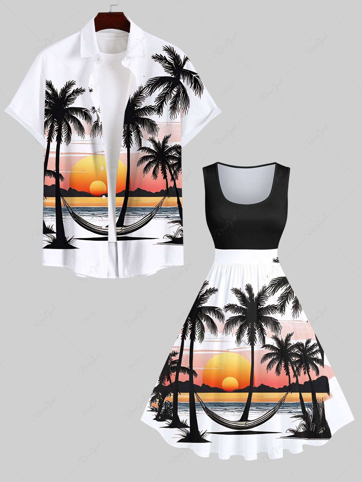 Sale Coconut Tree Sunset Hammock Sea Mountain Print Plus Size Matching Hawaii Beach Outfit For Couples  