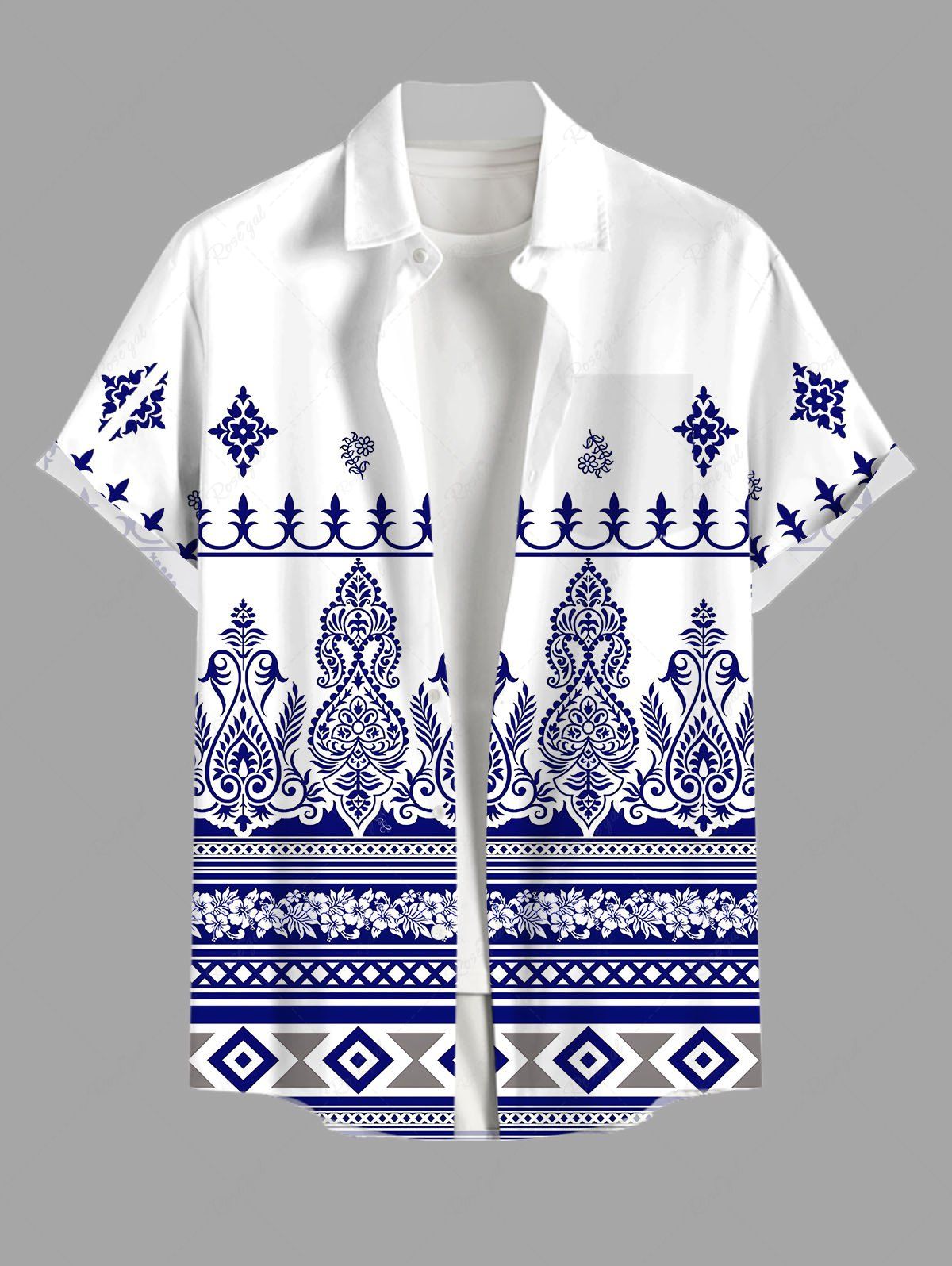 Chemise à boutons et poches à imprimé floral grande taille pour homme Blanc 5XL