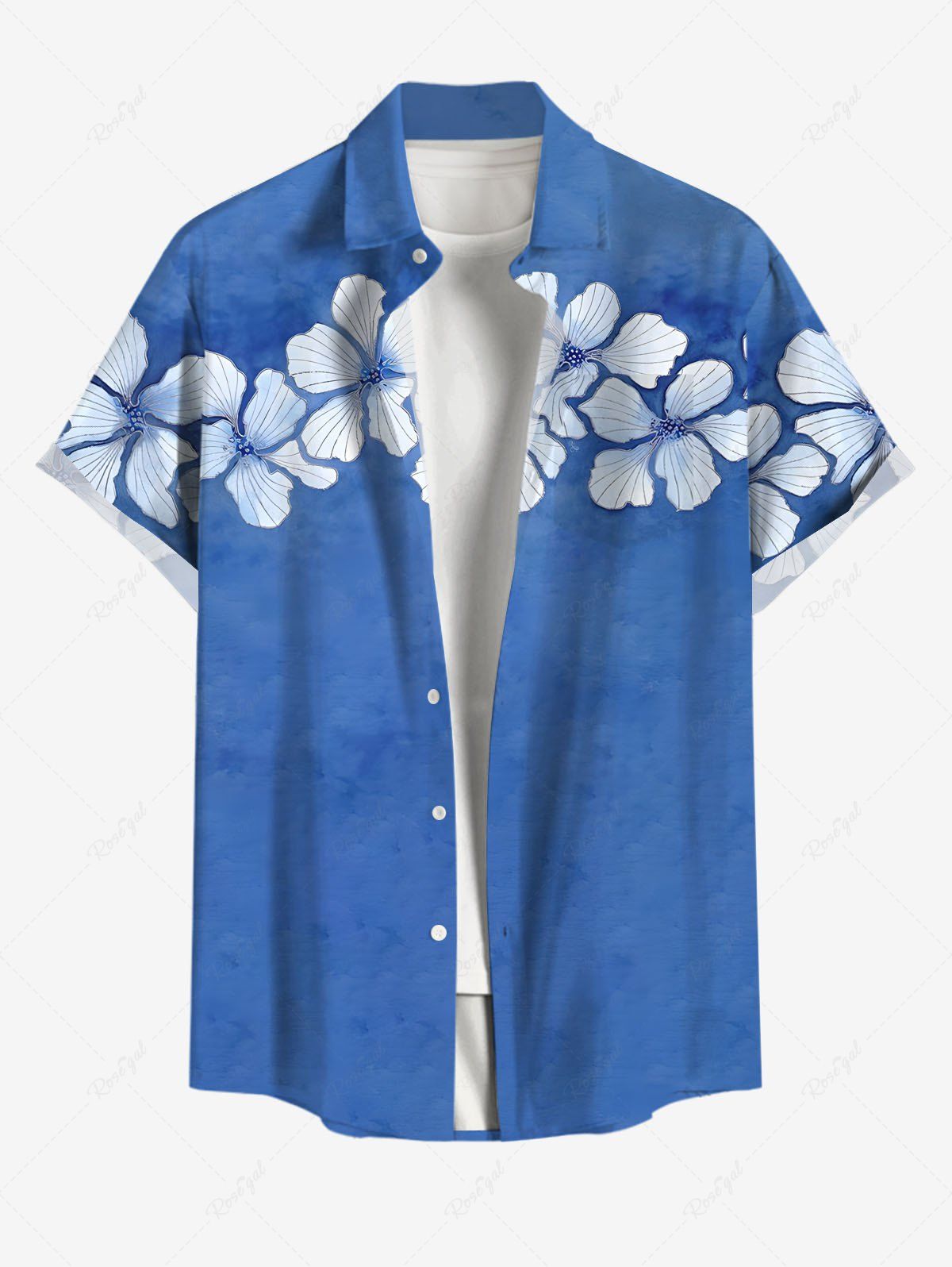 Chemise hawaïenne grande taille à imprimé tropical et fleurs chinées, avec poches et boutons, pour homme Bleu Ciel 6XL
