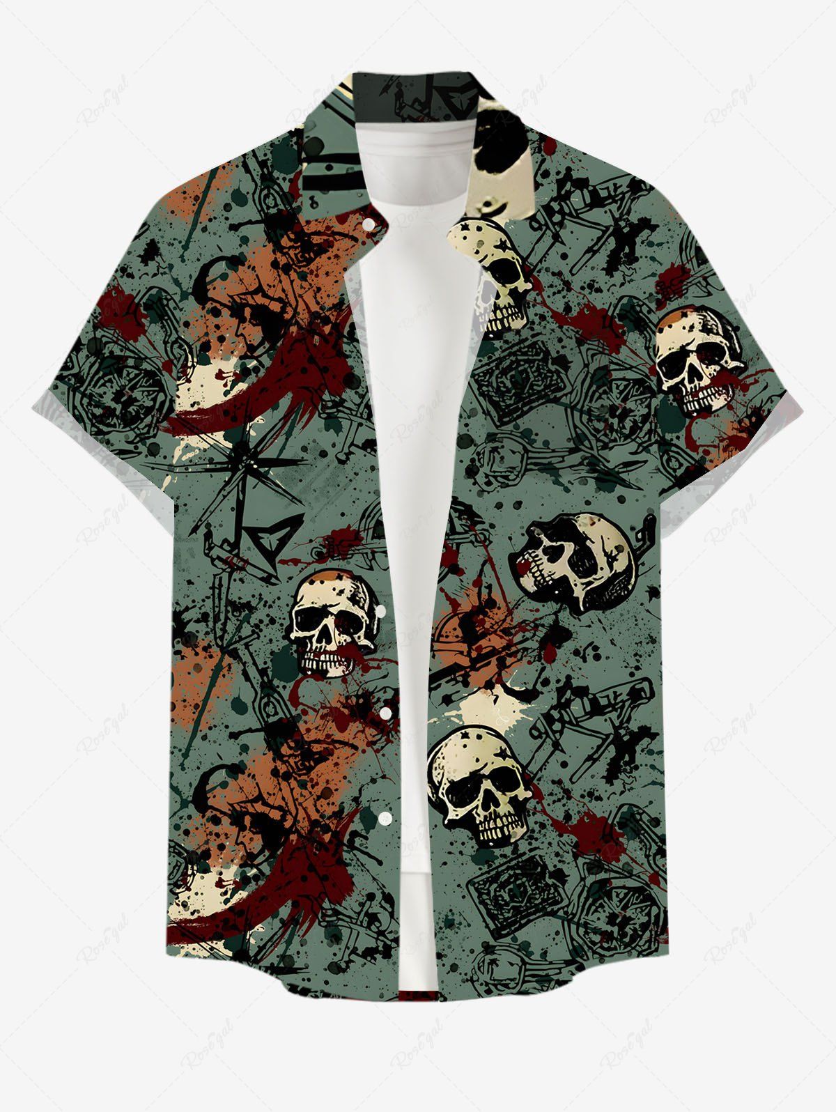 Shop Plus Size Halloween Skulls Blood Paint Splatter Print Buttons Pocket Shirt For Men  